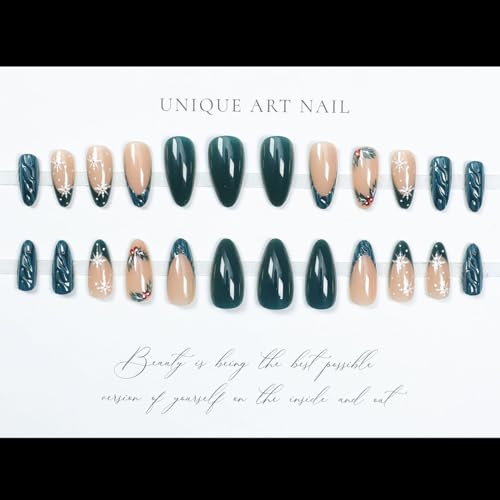 LPOODDNU Christmas Press on Nails Almond - Green French Tip Medium Fake Nails with Snowflake Designs, Glossy Finished Reusable False Nails with Adhesive Glue Tabs - 24Pcs Nail Kit for Women Manicure - color: green french christmas
