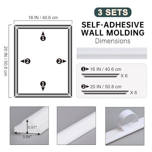Melkus Peel and Stick Wall Molding Kit, 3 Sets 16" x 20" Precut Wainscoting Panels, Self Adhesive Molding Trims for Interior Wall Décor - size: 3 Set/16"x20"