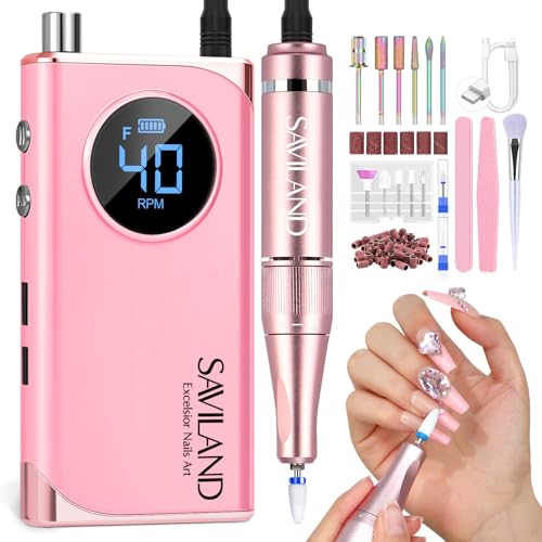 SAVILAND Electric Nail Drill Professional: 40000RPM Pink Rechargeable Portable Electric Nail Filer with 6000mAh Battery, for Shaping, Removing & Polishing Acrylic Nails Home Salon Manicure Gift - color: H -Light Pink
