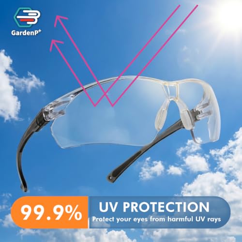 UV Protective Safety Glasses for Men/Women fit Sport/Work, Yard work, Lawn mowing, Ride, Shoot, ANSI Z87.1 Rated, Fog/Scratch Resistant Wrap-around Lens, Nose Pad Adjustable Black Temples