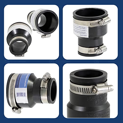 Supply Giant 6I52 Flexible PVC Reducing Coupling with Stainless Steel Clamps, 2.4" x 1.6" Inner Diameter for 2" x 1-1/4 Nominal Pipe, Black (Pack of 2) - size: 2 x 1-1/4 (Pack of 2)