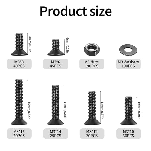 570 Pcs M3 Metric Screw Assortment, Flat Head Machine Screw Assortment Kit, Countersunk Hex Socket Cap Screws Set with Washers, Countersunk Bolts and Nuts Set with Wrench(Black) - size: M3