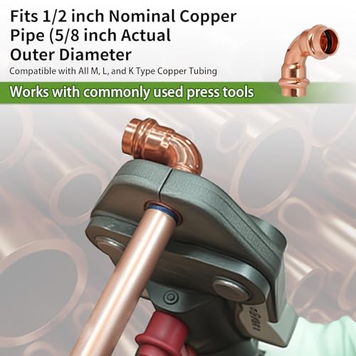 1/2 Inch Copper Press Elbow – 90° PxP Plumbing Fitting, Lead-Free Copper/Brass, 1/2'' Press Fittings, Compatible with Copper Pipe, Potable Water, Press Fitting Connector – 10 Pack - size: 1/2" copper press elbow-10P