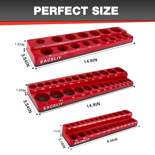 EACELIY Magnetic Socket Organizer Set,SAE Socket Holder Kit, Socket Trays，holds 68 Deep and Shallow 3/8" Sockets(sockets not included) 丨3PC 1/2",1/4" and 3/8"（Red） - size: 3PCS SAE 1/2&3/8&1/4