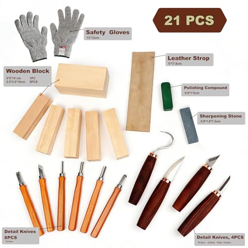 21-Piece Wood Carving Tools Kit - Complete Whittling Set with Detail Knives, Hook Knives, Sharpening Stone, Basswood Blocks & Cut Resistant Gloves for Beginner & Advanced Wood
