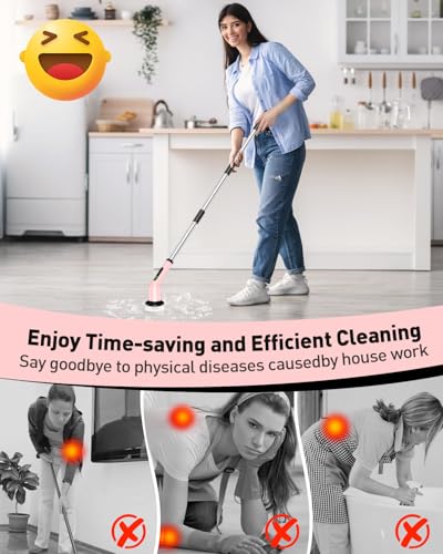 Electric Spin Scrubber for Bathroom, Shower Scrubber with Long Handle - color: Pink, size: 3 Brush Heads