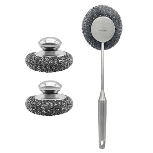 Stainless Steel Wool Scrubber Set, Long HandleBrushes for Pots, Pans, Grills & Cutlery Cleaning (3 Pack)
