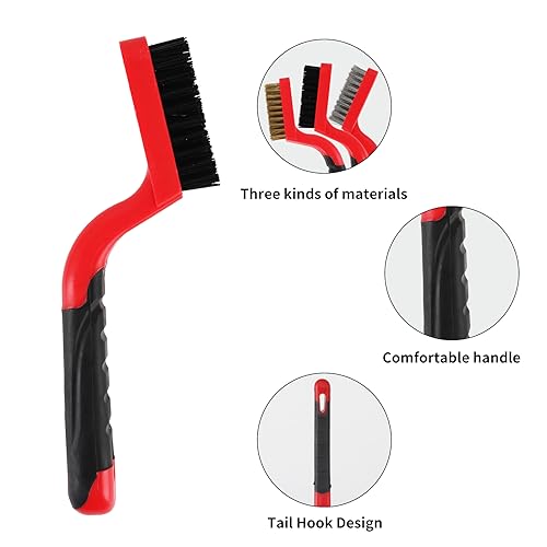 A A IN 6-Pack Wire Brush Set Nylon/Brass/Stainless Steel Bristles with Curved Handle Grip Scratch Brushes for Deep Cleaning and Rust Removing Small Cleaning Brushes-7 Inches (Red)