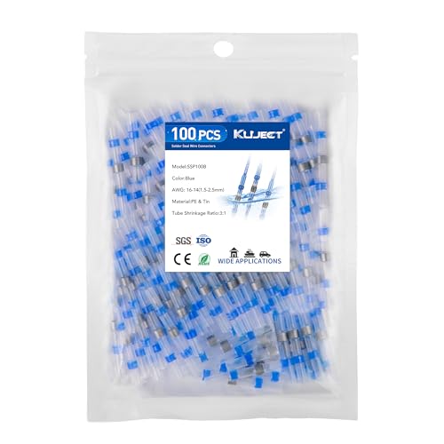 Kuject 100PCS Solder Seal Wire Connectors AWG 16-14, Blue Solder Seal Heat Shrink Butt Connectors Terminals Waterproof Wire Splice Connector for Marine Boat Wire Joint - size: AWG 16-14 Blue