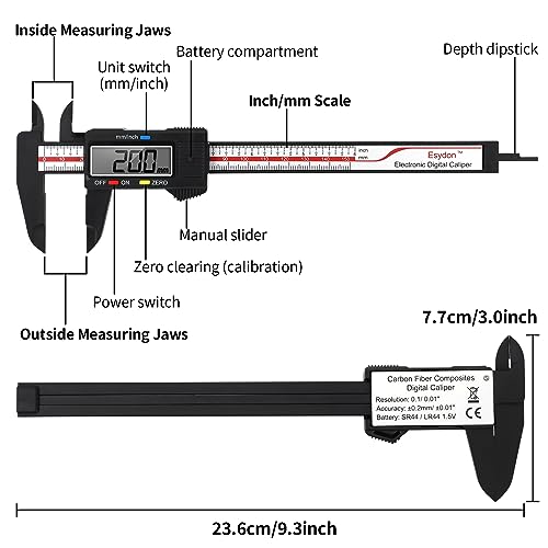 Digital Caliper, Esydon Upgraded Calipers 6 inch, Measuring Tool, Electronic Ruler, with Large LCD Screen, Auto-Off Feature, Inch and Millimeter Conversion, Plastic Case, Perfect for Household, DIY