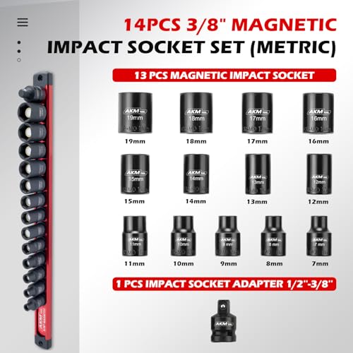 3/8 Inch Drive Magnetic Impact Socket Set, 14-Piece Metric, 7mm-19mm, 6 Point, Cr-Mo, Square Drive, Magnetic Socket with Adapter and Magnetic Rail - size: 14PCS 3/8" Magnetic Socket with Rail