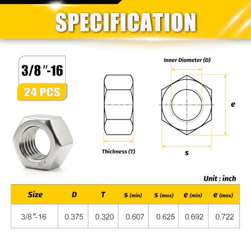 24Pcs 3/8-16 UNC Hex Nuts 304 Stainless Steel A2-70 Heavy Duty - size: SAE 3/8-16;24pcs