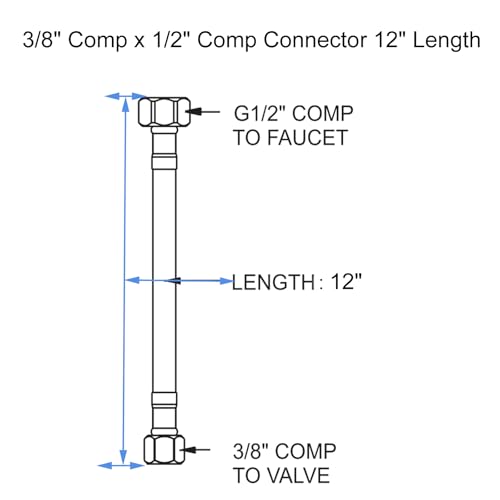 Faucet Supply Lines, 12" Length Bathroom Kitchen Faucet Connector Braided Nylon Water Supply Line 3/8" Comp x 1/2" Comp 2Pcs (1 Pair) - size: 12 Inch