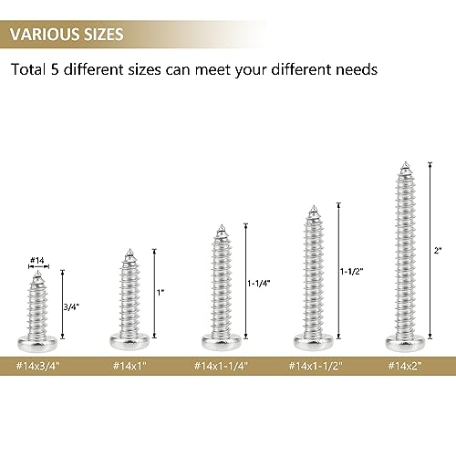 50 Pieces #14 x 3/4" 1" 1-1/4" 1-1/2" 2" Phillips Pan Head Self-Tapping Screws, Wood Screws Assortment Kit, 304 Stainless Steel - size: #14
