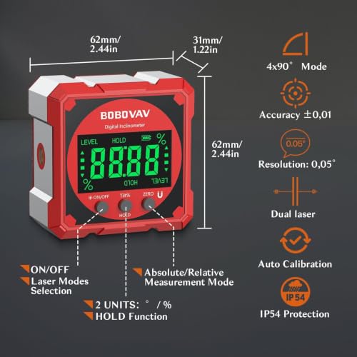 4-side Magnetic Digital Angle Gauge with Laser(Class 2, ＜1mW Output), 4 * 90° Rechargeable Electronic Inclinometer Protractor Level Gauge for Woodworking Tablesaw- Red - color: Red