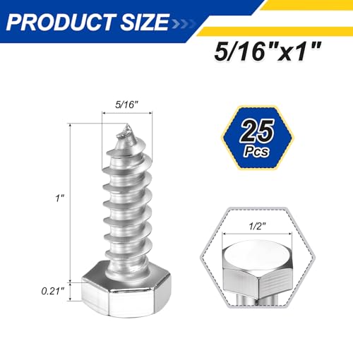 25 Pcs Hex Head Lag Screws 5/16"x1" SS 18-8 (304) Lag Bolts - color: Silver, size: 5/16"x1"