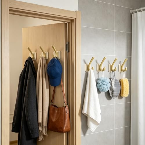 4 Pack Adhesive Wall Hooks for Hanging 22LB Heavy Duty, Wood Grain Waterproof Hooks for Coat Hat Tote Bag & Home Organization (4, White) - color: White