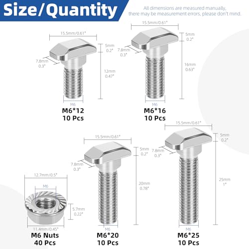 Glarks 80pcs M6 T Slot Drop-in Bolt with Hexagon Flange Nut Set, 12/16/20/25MM Hammer Head T-Bolt, T Shape Stud Sliding Screw, T Screw Stud for European Standard 30 Series Aluminum Profile - size: M6