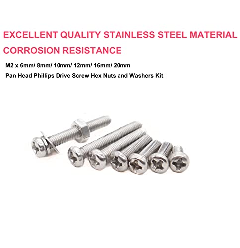 cSeao 480pcs M2 x 6mm / 8mm/ 10mm/ 12mm/ 16mm/ 20mm, Phillips Pan Head Machine Screws Metric Screws Bolts Washers Nuts Kit, 304 Stainless Steel - size: M2