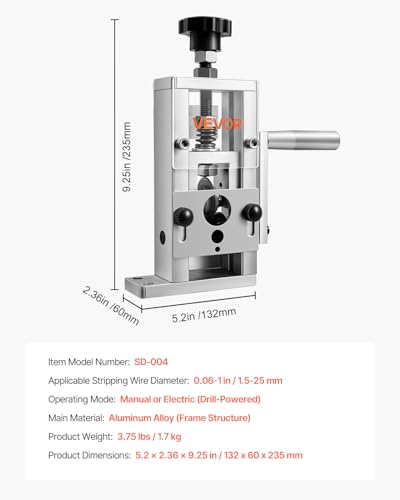 VEVOR Manual Wire Stripping Machine, 0.06-1 in, Copper Stripper with Hand Crank or Drill Powered, 64Mn Quenched Blades, 45# Steel Rollers, Aluminum Alloy Frame Wire Peeler, for Scrap Copper Recycling - style: Hand Crank or Drill Powered