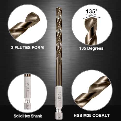 Hex Shank Cobalt Drill Bit Set for Metal and Hardened Steel, 13Pcs 1/16"-1/4" M35 HSS Twist Drill Bits for Impact Driver, with Index Holder - size: 13pcs 1/16-1/4
