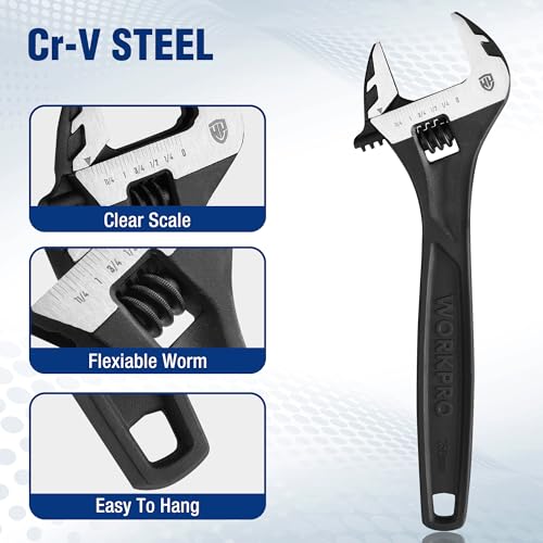 WORKPRO 2-Piece Adjustable Wrench Set, 6" & 10", Cr-V Steel, Black Oxide - color: Black, size: 6 & 10 inch