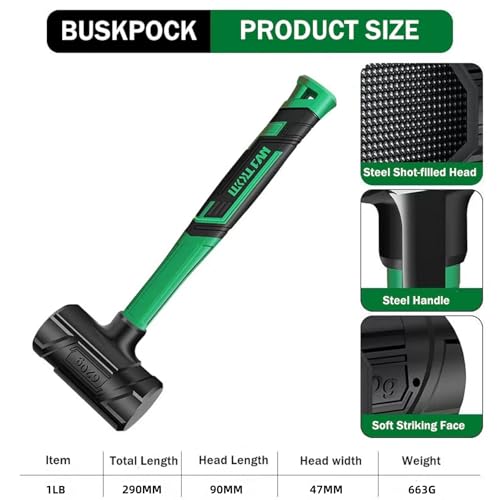 Dead Blow Hammer, Rubber Mallet with Steel Shot Head, Non-Slip Grip, Marring and Sparking Resistant (1LB) - size: 1LB