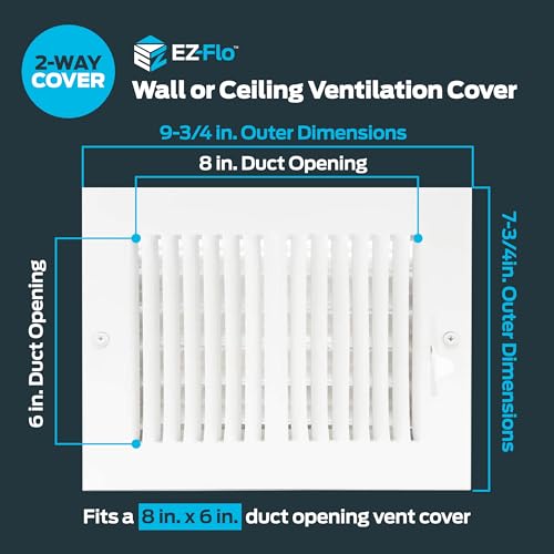EZ-FLO 8 x 6 Inch (Duct Opening) Air Vent Cover for Wall or Ceiling, Two-Way Ventilation Register, Solid Steel HVAC Register Cover, White, 61661 - size: 8 in. x 6 in.