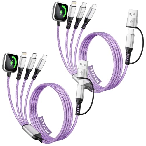 Dual Type-C 4 in 2 Multi Charging Cable for iWatch Charger Multiple Devices - color: Lilac, size: 2Pack5FT