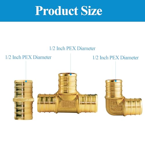 WiseWater 60 Pcs Pex Fittings, 1/2 inch T PEX Tee(20PCS) & 90 Degree Elbow & Straight Coupling, Brass Barb Crimp Pipe Fitting for Pex Pipe(Pack of 60), UPC Certified - size: ZH61902(1/2" PEX FITTINGS 60pk)
