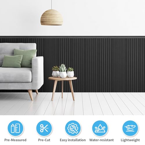 Art3d Beadboard Wainscoting Wall Panel Kit, 37.8 x 9.84 Inch, Matte Black | 12-Piece Panels + 4 Edge Trims, 31 Sq.Ft. Coverage, Lightweight, Water-Resistant, Easy to Trim, for Living Room, Bedroom - color: Matte Black