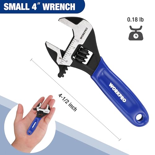WORKPRO 4-Inch Mini Adjustable Wrench, Wide Jaw Cr-V steel Wrench - color: Blue, size: 4-Inch