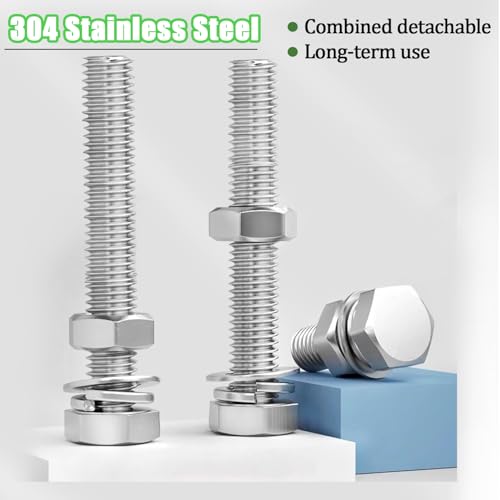 5 Sets 3/8-16 × 2-1/2" Stainless Steel Hex Head Screws Bolts, Nuts, Flat & Lock Washers,18-8(304) Full Thread - color: Silver, size: 3/8-16×2-1/2" (5 Sets)