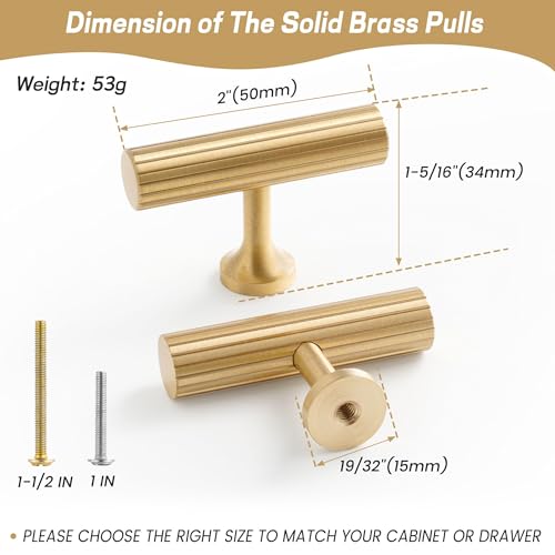 RZDEAL 4pcs Solid Brass Gold Cabinet Pulls, Single Hole T Bar Handles, 2-Inch Total Length for Kitchen Cupboard Handles Modern Drawer Pulls Bathroom Brushed Brass Finish - color: Gold, size: 2 Inch