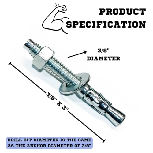 MIGHTY FASTENERS Zinc-Plated Steel Wedge Anchors, 3/8" X 3" - Heavy-Duty Mounting Bolts for Concrete - 50 Pack - size: 3/8" X 3"