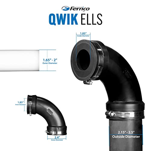 Fernco 2" Flexible PVC 90-Degree Elbow Includes Optional 1.5" Reducer Bushing for DWV Cast Iron, Steel and Plastic Pipe Connections