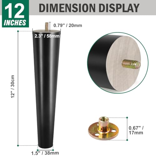 FoDau770 Rubber Wood Legs 12", Straight Taper, 5/16"-18 Thread, Black, 4pcs | Wood Couch legs - Mid Century Sofa Legs - Furniture legs Replacement for Cabinet Dresser Chair Ottoman - color: Black, size: 12 Inch - Straight (90°)