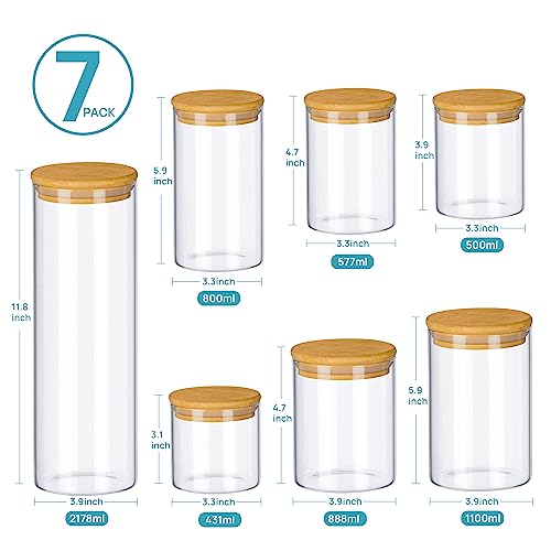 Vtopmart Glass Food Storage Jars, 7 Pack Kitchen Containers with Airtight Bamboo Wooden Lids for Pasta, Cookies, Nuts, Coffee Beans, Cereal, Canisters Set for Flour, Pantry Organization, BPA Free - size: 7 Pack (15 oz - 74 oz)