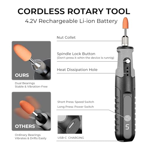 4.2V Cordless Rotary Tool, Powerful 5 Variable Speed,163 Multi-Purpose Kit