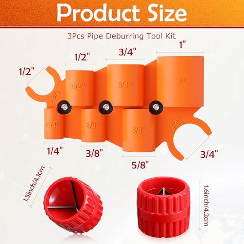 Relaxweex 3 Pcs Pipe Deburring Tool Set, 1/4'' to 1'' Depth Gauge and 2 Pcs 1/8'' to 1-5/8'' Inner Outer Reamer for PEX PVC CPV Copper Tubing Plumbing Chamfer Tools for Push to Connect Fittings