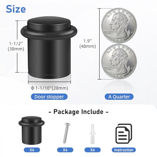 4 Pack Door Stops, Floor Door Stoppers Cylindrical 1.5 Inch Black
