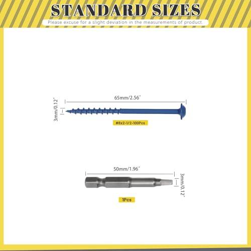 100Pcs Pocket Hole Screws, #8 x 2-1/2" Anti-Rust Blue Coated Exterior Wood Screws, Coarse Thread Washer Head Square Drive, 50MM Drive Bit Included - size: #8 x 2-1/2"
