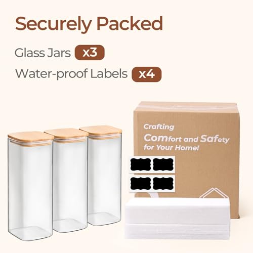 ComSaf Glass Storage Containers with Lids 1.9 Qt, Set of 3 Food Storage Jar | Pantry Storage Containers, Glass Jar, Square Canisters, Bamboo Lid with Silicone Seal, Cookie, Cereal, Coffee, Oats, BPA Free - size: 1.9Qt*3