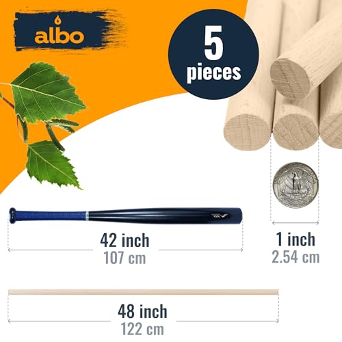 ALBO 1" x 48" Wooden Dowel Rods Set - 5 Pack Birch Natural Strong Long Craft Sticks Woodworking Furniture Garden Structures Hardwood Sanded Smooth Versatile Material Railings Supports - size: 1" x 48" 5 Pcs