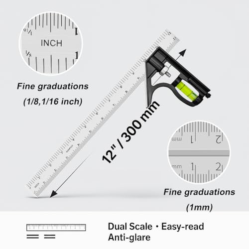 12-Inch Adjustable Combination Square, Metric & Imperial with Level