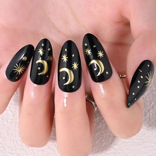 Black Star Moon Press on Nails, Long Almond Acrylic Fake Nails Design, Natural Reusable Glue-On Nails Kit for Women DIY 3D False Nail Art Decoration Gift, Salon Quality Reusable 15/30 Psc - color: 289-Star Moon, size: 24 Pieces (Pack of 1)