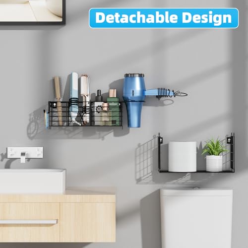 Metal Hair Tool Organizer with Toilet Paper Storage Basket Wall Mount - color: Black 2 Tiers