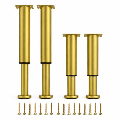 Adjustable Furniture Legs 4 Pack, 7.1 to 11.8 Inch Gold Metal Telescopic Legs with Screws, Height Adjustable Sofa Legs Bed Frame Support Legs for Couch, Cabinet, Table, TV Stand