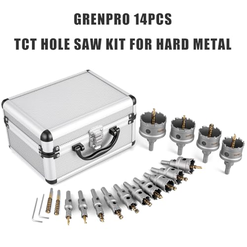 GRENPRO 16PCS Carbide Hole Saw Kit,Metal Saw for Hard Metal & Stainless Steel | 1/2" to 2-1/8" TCT Hole Cutter Set for Metal Studs, Iron, Wood, Plastic | with 2 Titanium Pilot Drills & Wrenches