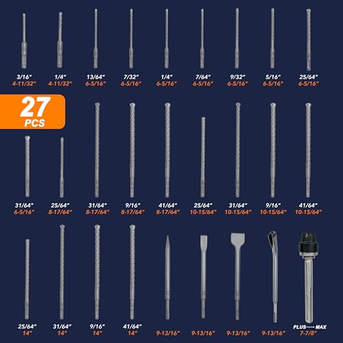 Rotary Hammer Drill Bits Set & Chisels- SDS Plus 27PCS Concrete Masonry Hole Tool with Storage Case for Concrete, Stone, Brick - size: Assorted Sizes, style: Kit (27 Pieces)
